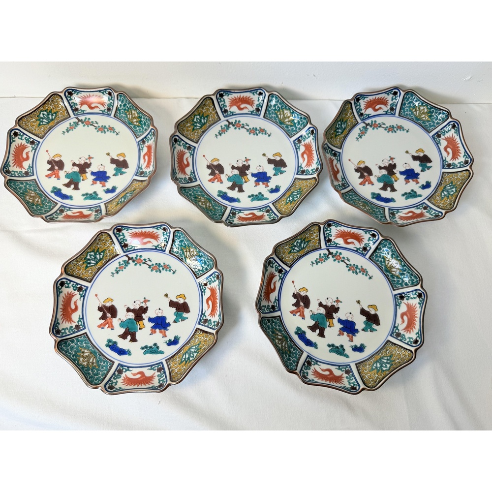 NWT Japanese Kurani Ware Five Color Karako Floral Scalloped Plates Set of Five